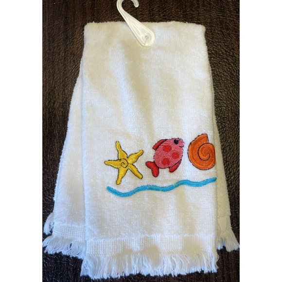 2 Fingertip Towels Velveteen Fringed Embroidered Seaside Starfish, Shell, Fish - Picture 8 of 8